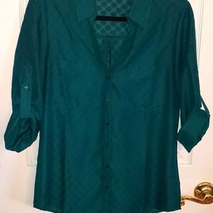 Express Long Sleeved Collared Shirt - Green Polka Dot Sheer